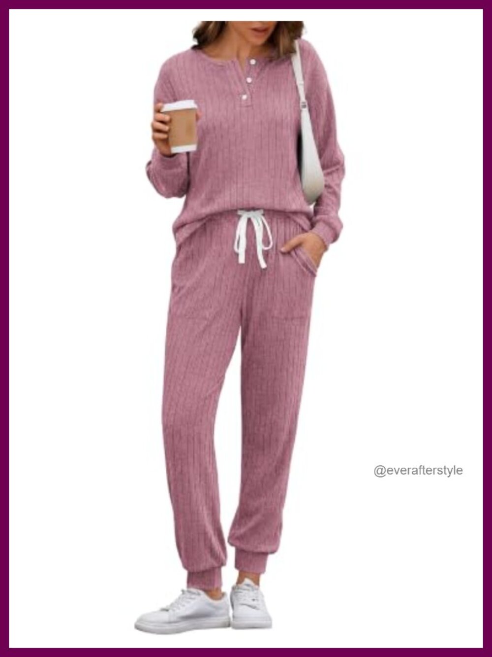 Knit Ribbed Lounge Set Long Sleeve Henley Top & Jogger Pants 2 Piece